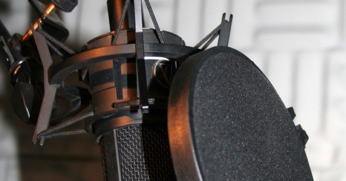 A studio microphone behind a pop shield.